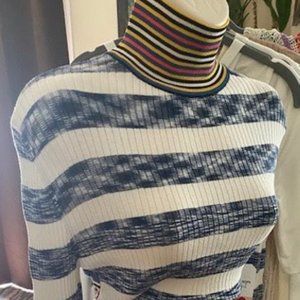 Tory Burch Denim White Ribbed Sweater with Ruffle Back
